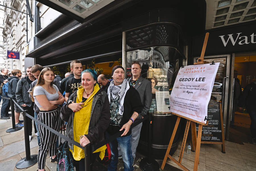 Geddy Lee fans outside Waterstones, London