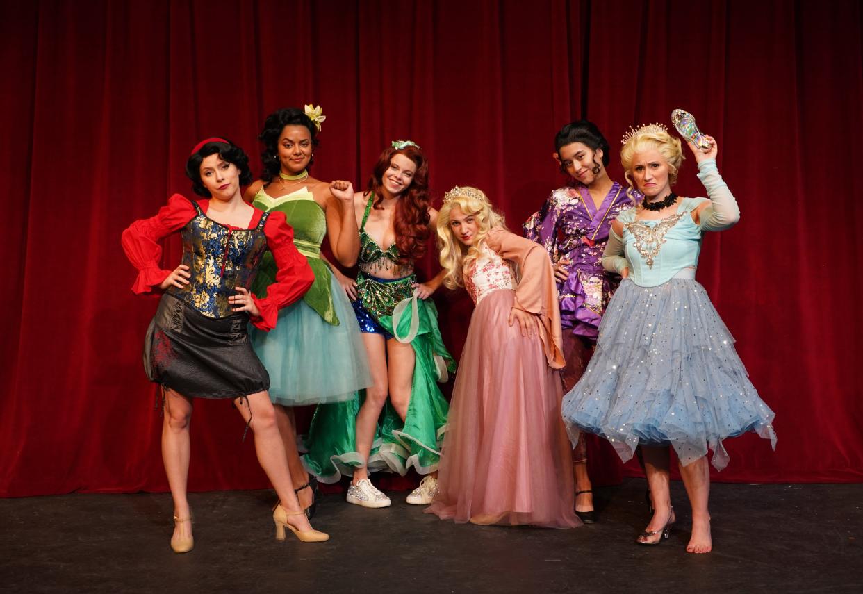 Pictured cast members from the Priscilla Beach Theatre's  "Disenchanted" are Maddie Eaton as Snow White, Olivia Jones as the Princess Who Kissed the Frog, Caroline Purdy as The Little Mermaid, Delaney Stephens as Sleeping Beauty, Alyssa Silver as Mulan, and Logan Graye as Cinderella.