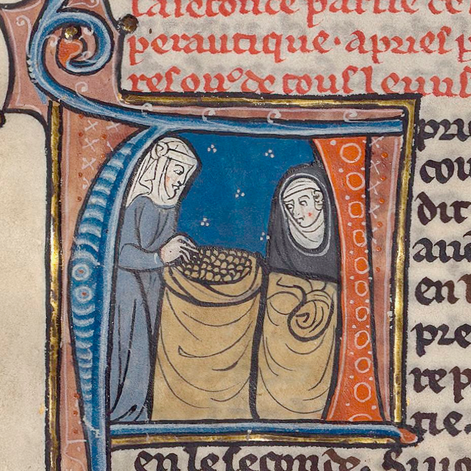 Two servants with sacks of grain. The Bute Painter, ‘Le Régime du corps,’ circa 1285. MS Arsenal 2510, © Bibliothèque nationale de France.