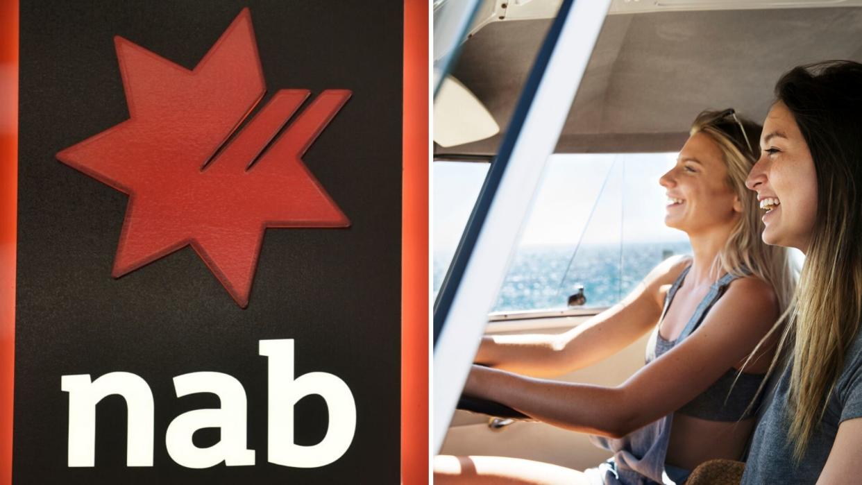 NAB bank logo, Australians in car enjoying annual leave. Images: Getty