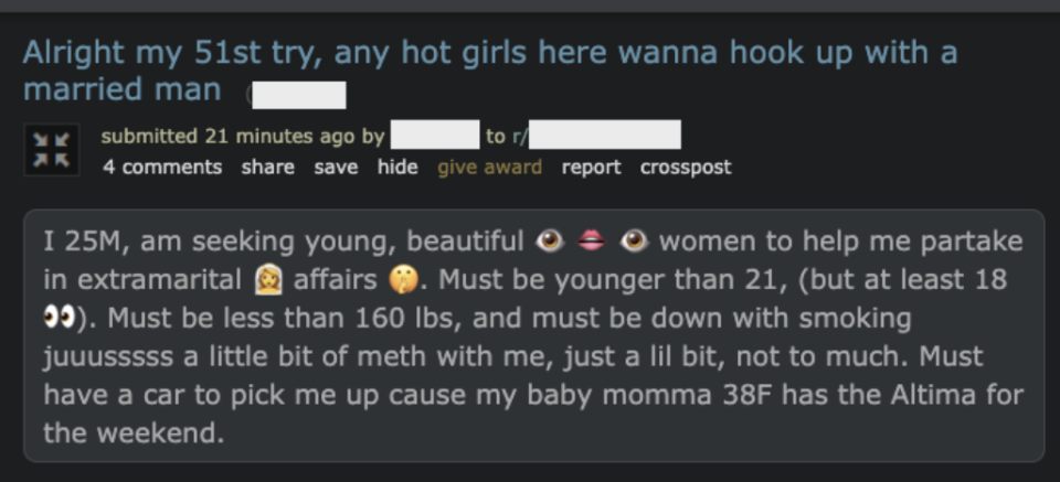 "am seeking young, beautiful women to help me partake in extramarital affairs."