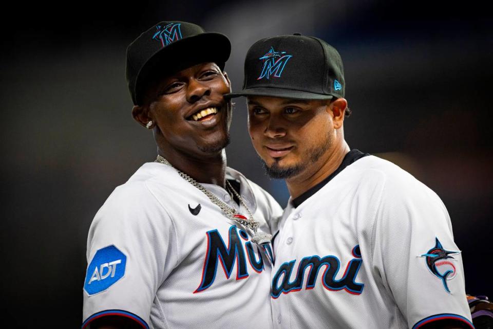 Miami Marlins center fielder Jazz Chisholm Jr. (2) and second baseman Luis Arraez (3) celebrate going into the bottom of the eight inning during an MLB game between the Miami Marlins and the San Fransisco Giants on Tuesday, April 18, 2023, at loanDepot Park in Miami.