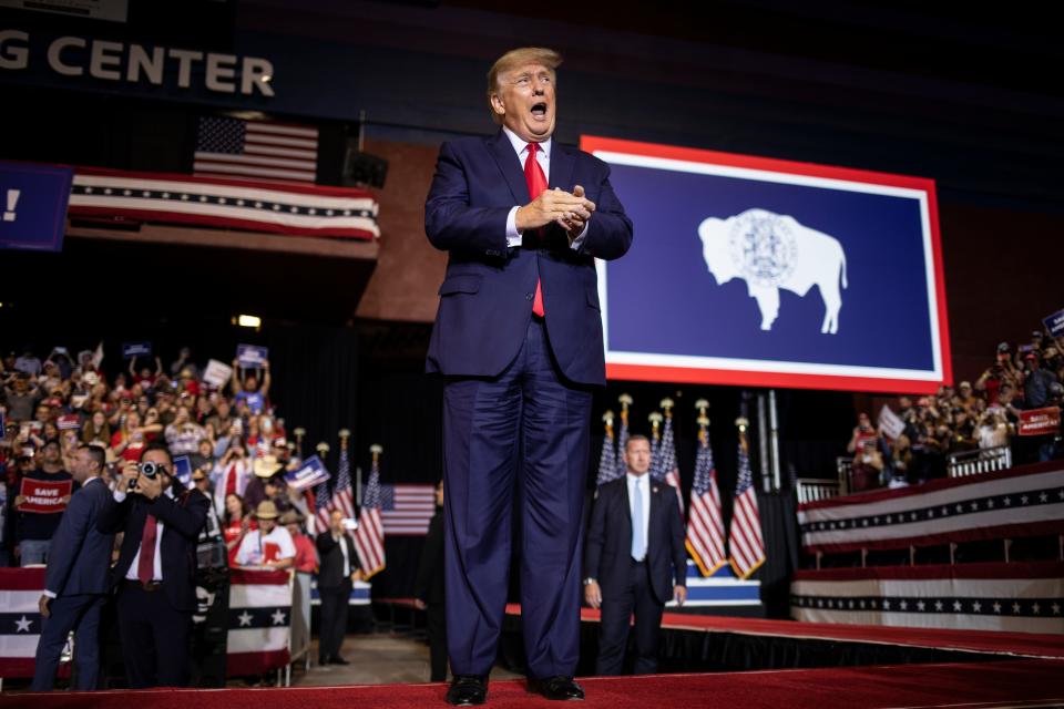 Former President Donald Trump arrives to speak at a rally on May 28, 2022, in Casper, Wyoming. The rally is being held to support Harriet Hageman, Rep. Liz Cheney’s primary challenger.