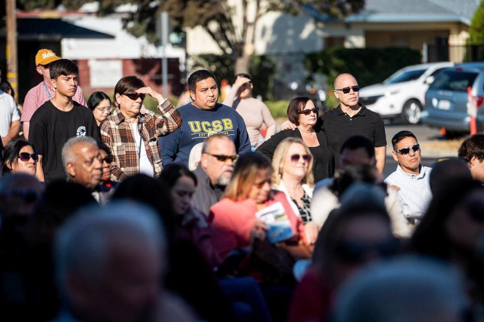 Members of the public look on during a grand opening ceremony and unveiling of the new Los Banos Police Department headquarters located at 1111 G Street in Los Banos, Calf., on Friday, Nov. 3, 2023. In a separate ceremony Friday afternoon, Ray Reyna was sworn in as the new Los Banos Police Chief.