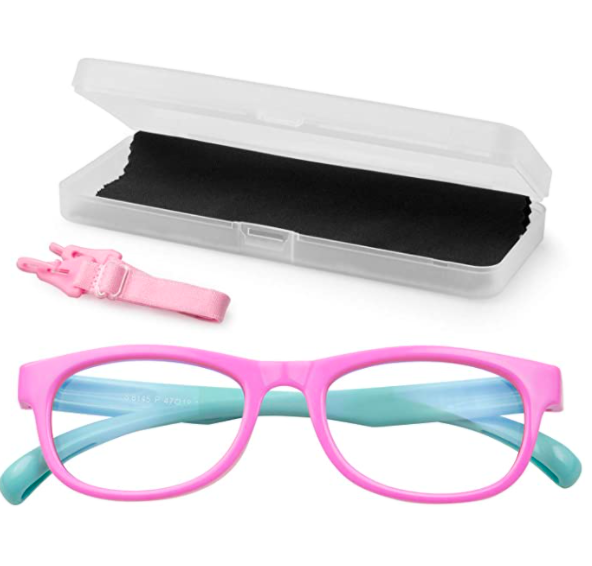 KinCam Kids Blue Light Blocking Glasses - pink plastic glasses with blue arms