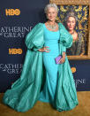 Helen wore a turquoise gown with dramatic sleeves by Badgley Mischka and accessorised with statement jewellery.<em> [Photo: Getty]</em>