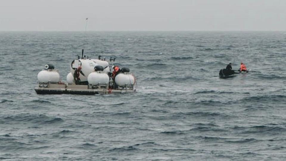 FILE - In this image released by Action Aviation, the submersible Titan is prepared for a dive into a remote area of the Atlantic Ocean on an expedition to the Titanic on Sunday, June 18, 2023.  (Action Aviation via AP, File)