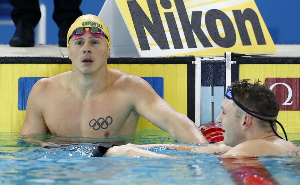 Isaac Cooper, pictured here after thinking he'd won the 50m backstroke at the short course world swimming championships.