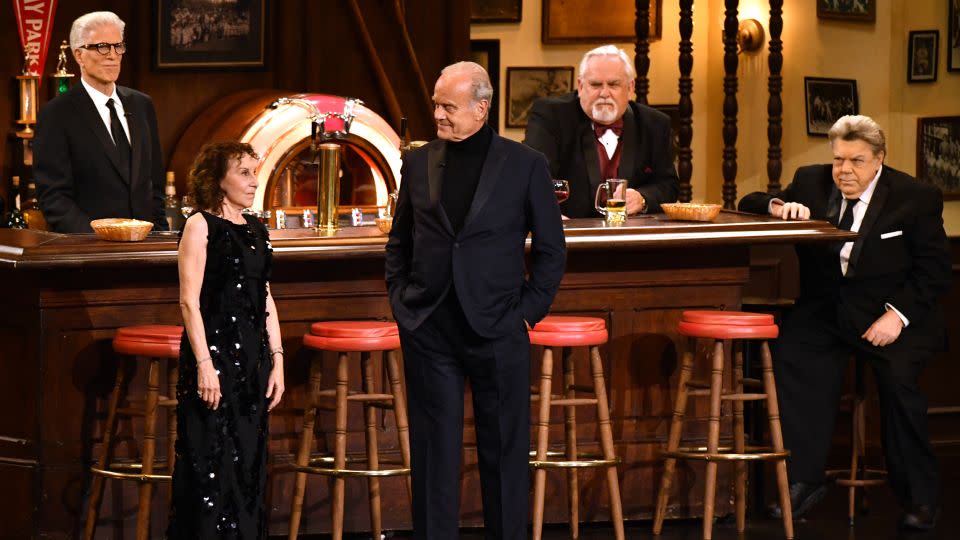 "Cheers" cast Ted Danson, Rhea Perlman, Kelsey Grammer, John Ratzenberger, George Wendt speak onstage during the 75th Emmy Awards on Jan. 15. - Valerie Macon/AFP/Getty Images