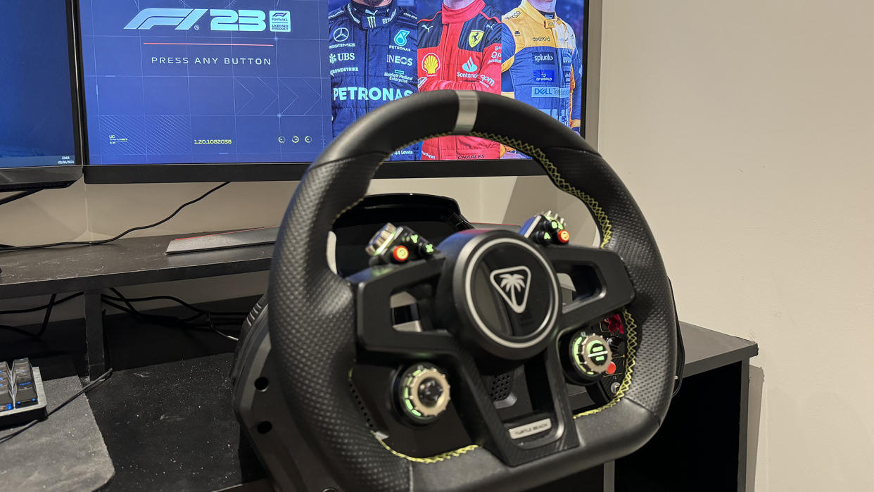  The racing wheel of the Turtle Beach VelocityOne Race Wheel and Pedal set. 