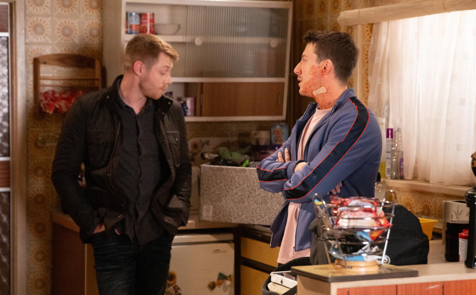 FROM ITV

STRICT EMBARGO - Tuesday 12th September 2023

Coronation Street - Ep 1106970

Tuesday 26th September 2023 

Daniel Osbourne [ROB MALLARD] helps Ryan Connor [RYAN PRESCOTT] carry his things into the flat. But when some lads make jibes at Ryan about his scars, he turns on them in a rage. Daniel intervenes, however as he picks up Ryanâ€™s things, he notices the stash of testosterone. 

Picture contact - David.crook@itv.com

Photographer - Danielle Baguley

This photograph is (C) ITV and can only be reproduced for editorial purposes directly in connection with the programme or event mentioned above, or ITV plc. This photograph must not be manipulated [excluding basic cropping] in a manner which alters the visual appearance of the person photographed deemed detrimental or inappropriate by ITV plc Picture Desk. This photograph must not be syndicated to any other company, publication or website, or permanently archived, without the express written permission of ITV Picture Desk. Full Terms and conditions are available on the website www.itv.com/presscentre/itvpictures/terms
