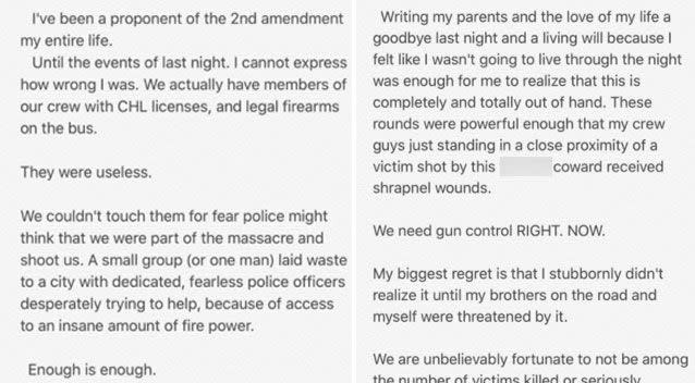 The guitarist from the Josh Abbott Band penned a note about gun control following the Las Vegas massacre. Photo: Twitter