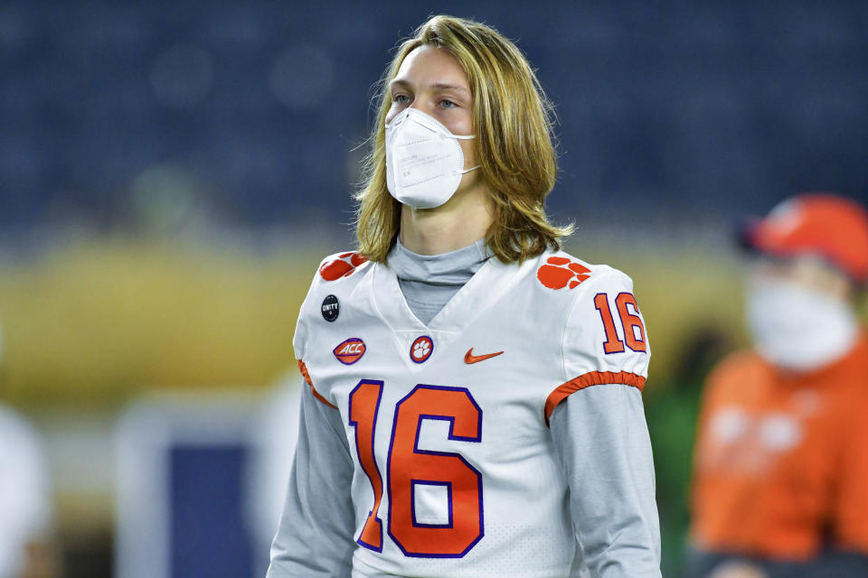 Clemson quarterback Trevor Lawrence will be back in action this week after watching his team lost to Notre Dame. (Matt Cashore/Pool Photo via AP)