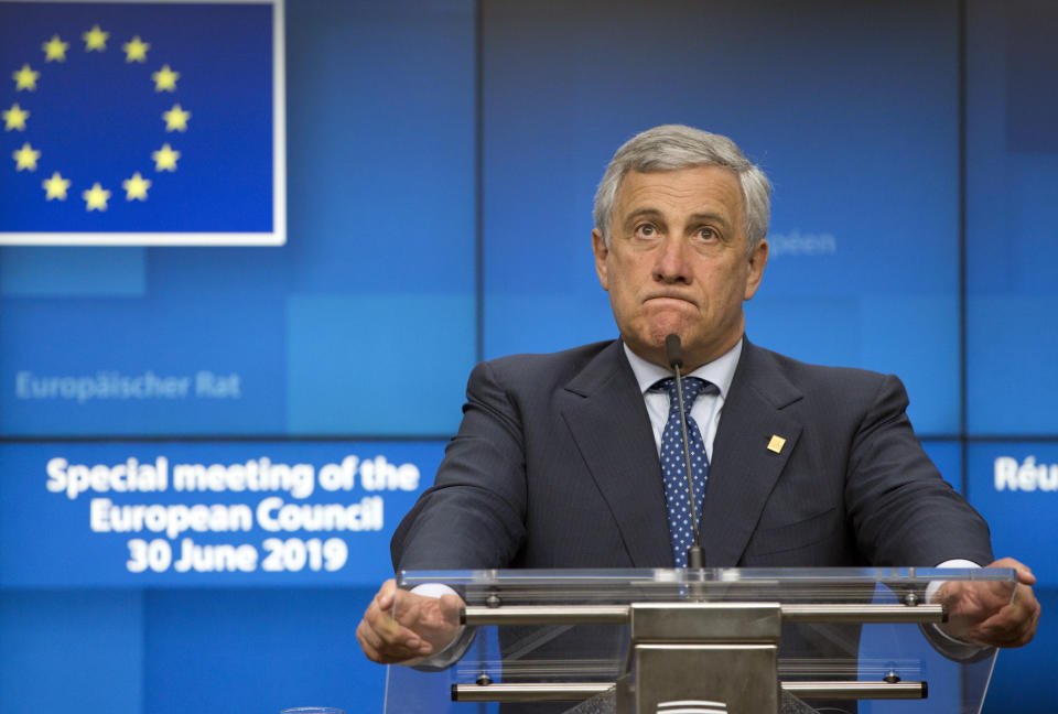 European Parliament President Antonio Tajani speaks during a media conference at an EU summit in Brussels, Sunday, June 30, 2019. European Union leaders launched a new round of talks Sunday, desperately seeking a breakthrough in a diplomatic fight over who should be picked for the key jobs at the helm of the 28-nation bloc. (AP Photo/Virginia Mayo)