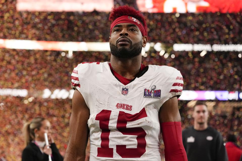 San Francisco 49ers wide receiver Jauan Jennings (15) leaves the field after overtime of the NFL Super Bowl 58 football game against the Kansas City Chiefs on Sunday, Feb. 11, 2024, in Las Vegas. The Chiefs won 25-22. (AP Photo/George Walker IV)