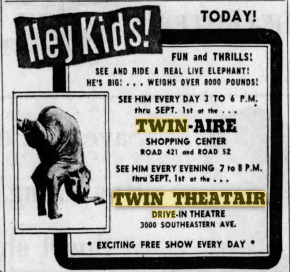 An advertisement for the Twin Theatair drive-in and shopping center in the Aug. 28, 1959 edition of the Indianapolis News.
