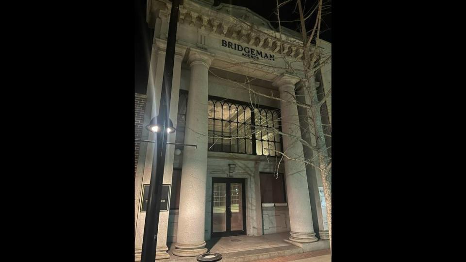 Nighttime view of the old Belleville Savings Bank building at 20 E. Main St. in downtown Belleville