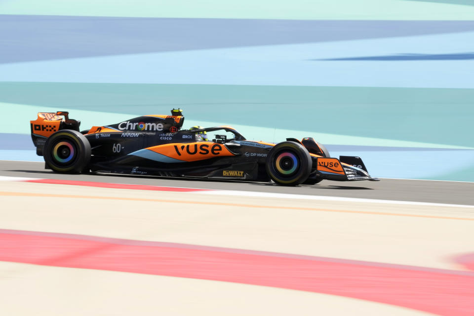 Mclaren driver Lando Norris of Britain steers his car during a Formula One pre season test at the Bahrain International Circuit in Sakhir, Bahrain, Friday, Feb. 24, 2023.(AP Photo/Frank Augstein)