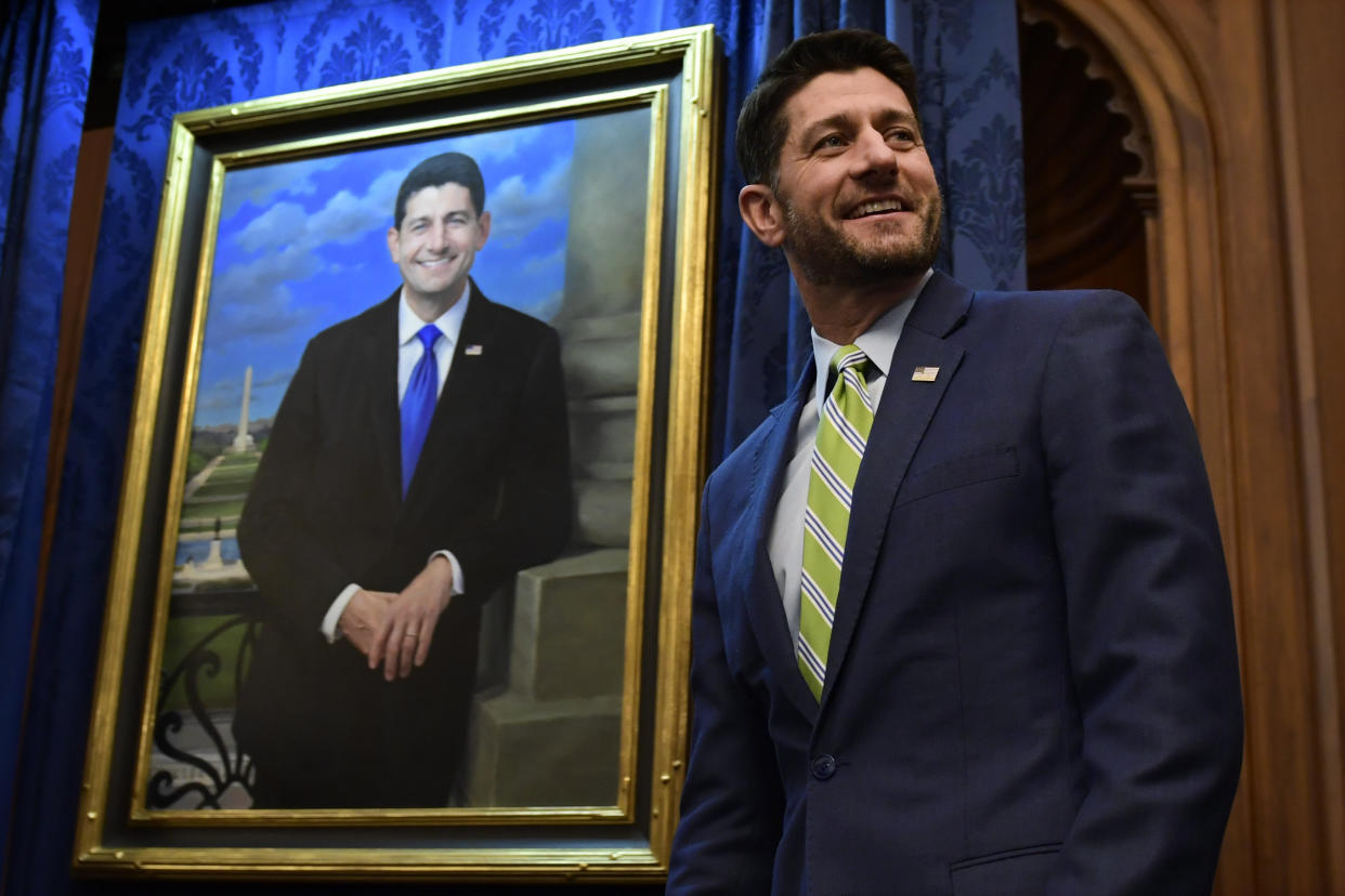 Retiring U.S. House Speaker Paul Ryan (R-Wis.) at his portrait unveiling in Washington on Nov. 29. He has not publicly commented on a series of measures passed by the GOP-controlled Wisconsin Legislature that would limit the incoming Democratic governor's power. (Photo: ASSOCIATED PRESS)