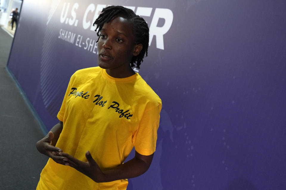 Vanessa Nakate, of Uganda, speaks to the media at the U.S. Center at the COP27 U.N. Climate Summit, Friday, Nov. 11, 2022, in Sharm el-Sheikh, Egypt. (AP Photo/Peter Dejong)