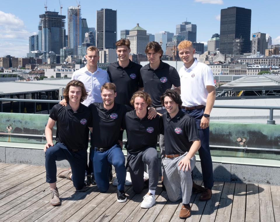 NHL draft top hockey prospects pose during a media availability in Montreal. Back row left to right: Joakim Kemell, Juraj Slafkovsky, Cutter Gauthier, Nathan Gaucher. Front row left to right: Conor Geekie, Shane Wright, Logan Cooley and Matthew Savoie.