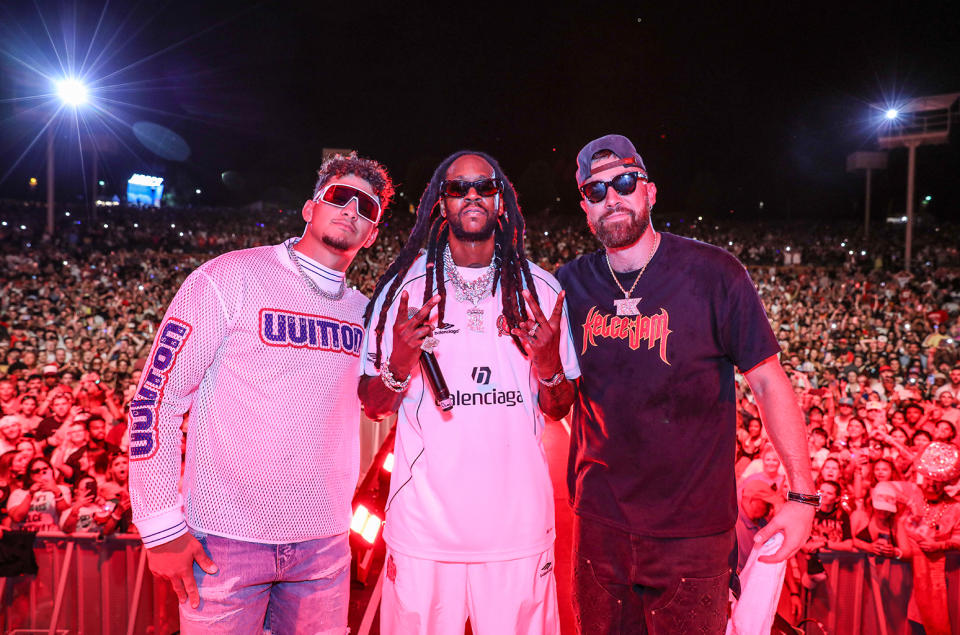 Patrick Mahomes, 2 Chainz and Travis Kelce on stage during Kelce Jam at Azura Amphitheater on May 18, 2024 in Bonner Springs, Kansas.