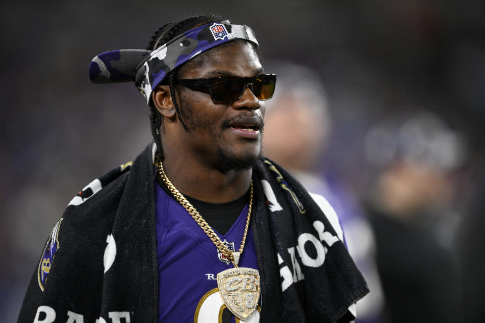 Baltimore Ravens quarterback Lamar Jackson walks on the sideline in the second half of a preseason NFL football game against the Washington Commanders, Saturday, Aug. 27, 2022, in Baltimore. (AP Photo/Nick Wass)