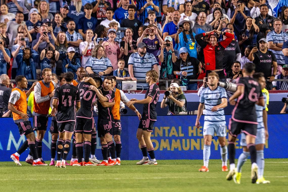 Inter Miami celebrates after forward Luis Suárez (9) scores a goal in the second half during an MLS game against Sporting Kansas City at GEHA Field at Arrowhead Stadium on Saturday, April 13, 2024, in Kansas City. Emily Curiel/ecuriel@kcstar.com