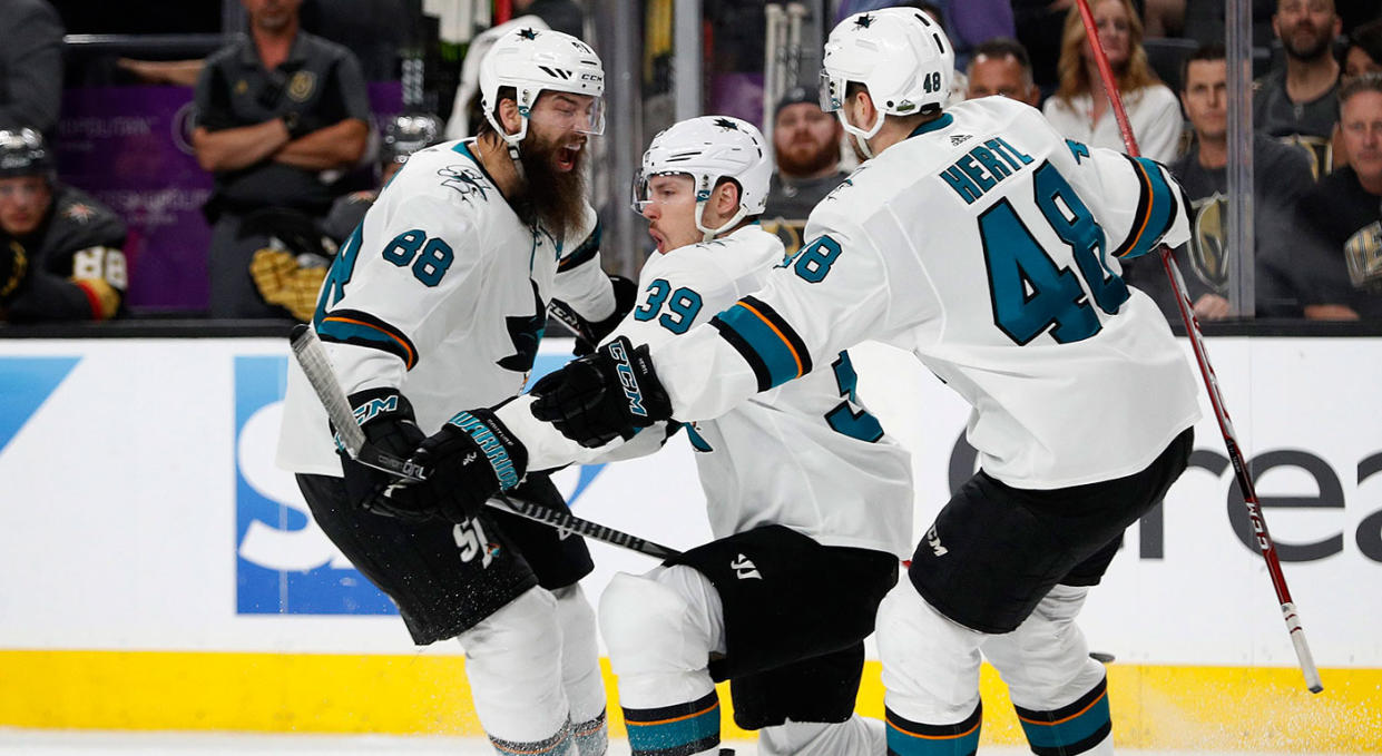 Logan Couture celebrates after burying the Golden Knights in Game 2. (John Locher/AP)