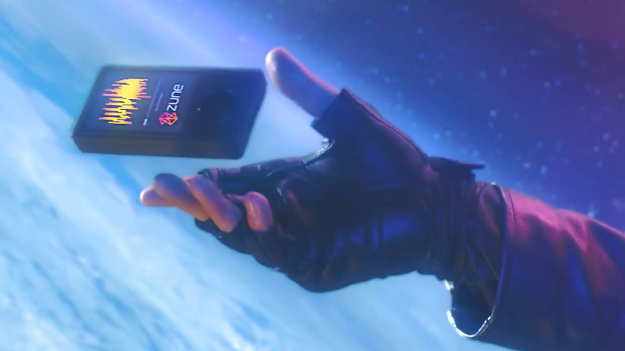  Peter "Star-Lord" Quill reaches out for a Microsoft Zune in a still from the Guardians of the Galaxy franchise. 