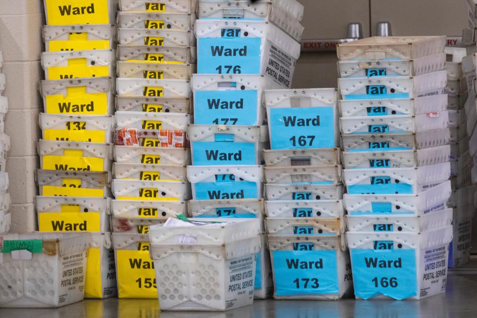 Empt bins that once held ballots are shown during what is expected to be the final day of recounting Milwaukee County ballots Friday, November 29, 2020 at the Wisconsin Center in Milwaukee, WIs.