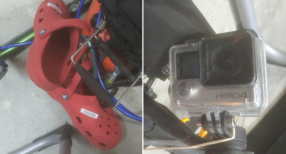 A pair of Crocs-style shoes and a GoPro found by the NSW fisherman.