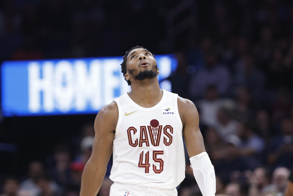 Nov 8, 2023; Oklahoma City, Oklahoma, USA; Cleveland Cavaliers guard Donovan Mitchell (45) reacts after a play against the Oklahoma City Thunder during the second half at Paycom Center. Oklahoma City won 128-120. Mandatory Credit: Alonzo Adams-USA TODAY Sports