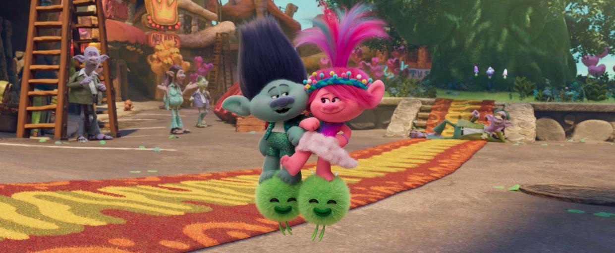 (from left) Branch (Justin Timberlake) and Poppy (Anna Kendrick) in Trolls Band Together, directed by Walt Dohrn. (Universal/Dreamworks)