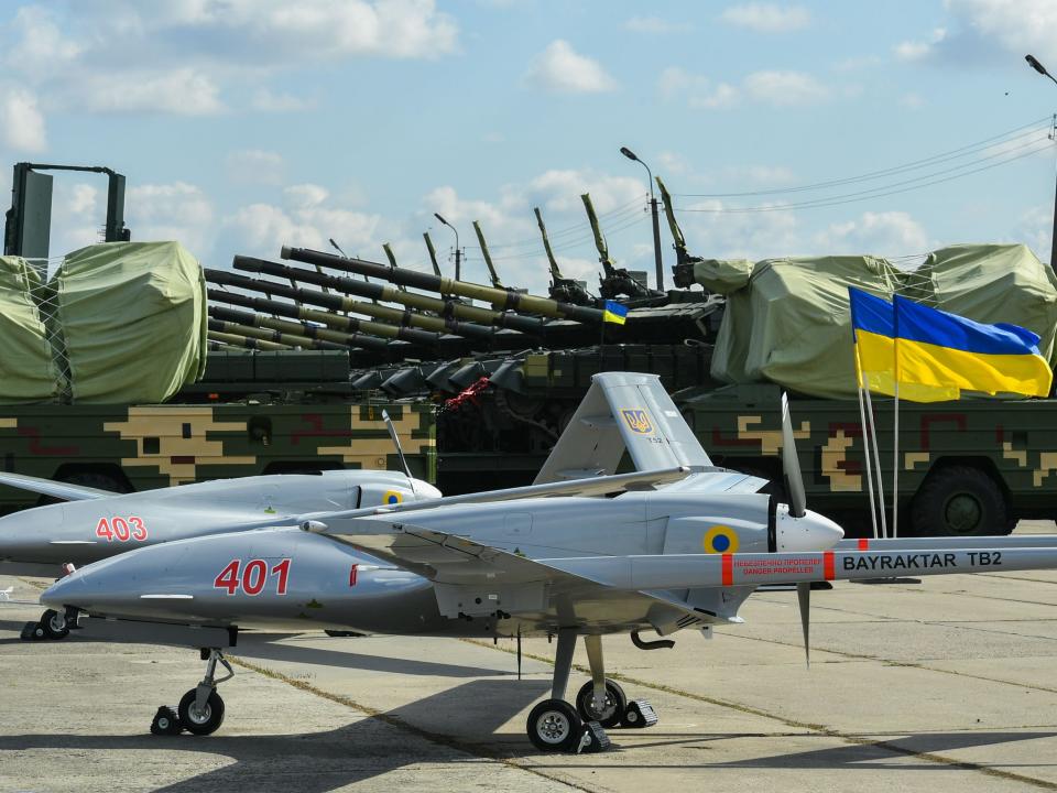 Bayraktar TB2 UAVs is seen during the test flight at the military base located in Hmelnitski, Ukraine on March 20, 2019.