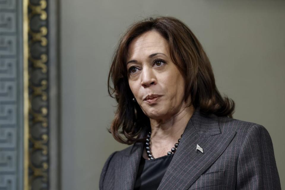 U.S. Vice President Kamala Harris speaks to reporters after participating in a swearing-in ceremony for Eric Garcetti as Ambassador to India at the Eisenhower Executive Office Building on March 24, 2023, in Washington, D.C. Harris is heading to Tennessee in response to the expulsion of the two representatives. (Photo by Anna Moneymaker/Getty Images)