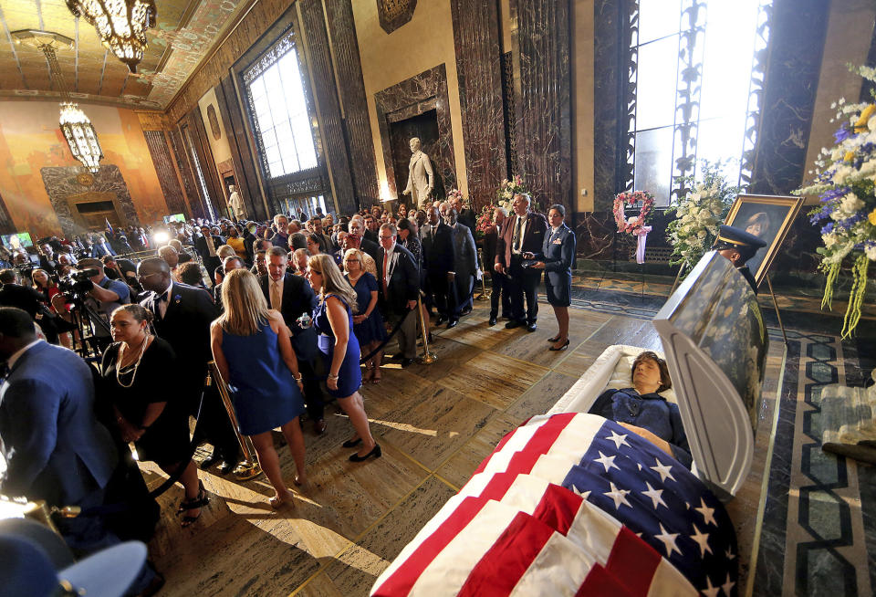 Former Louisiana Gov. Kathleen Babineaux Blanco lies in state in the state capitol rotunda in Baton Rouge, La., Thursday, Aug. 22, 2019. Thursday was the first of three days of public events to honor Blanco, the state's first female governor who died after a years long struggle with cancer.(AP Photo/Michael Democker, Pool)