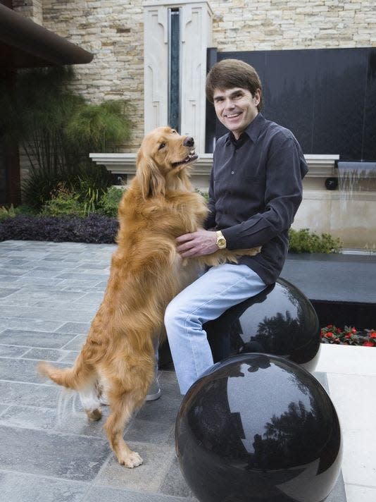 Best-selling author Dean Koontz at his home in Newport Beach, with his dog Anna. Koontz will share writing ideas during a Zoom meeting hosted by the High Desert Branch of the California Writers Club.