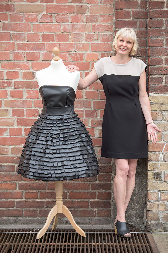 BERLIN, GERMANY - JULY 08:  Designer Tytti Thusberg of Finnland presents a dress made of recycled leather as part of the Greenshowroom on July 8, 2015 in Berlin, Germany. Bigger than ever: 160 international labels are presenting sustainably produced collections for summer 2016 at the Greenshowroom and Ethical Fashion Show Berlin. (Photo by Thomas Lohnes/Getty Images for Green Showroom)