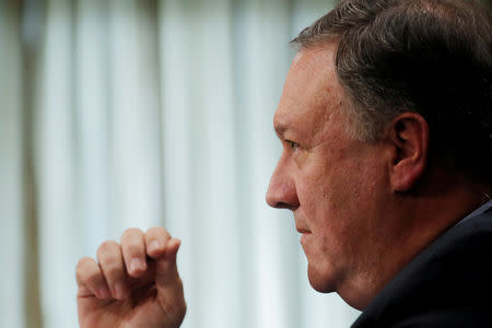 FILE PHOTO: Secretary of State Mike Pompeo testifies before the Senate Foreign Relations Committee on Capitol Hill in Washington, U.S., July 25, 2018. REUTERS/Lucas Jackson/File Photo