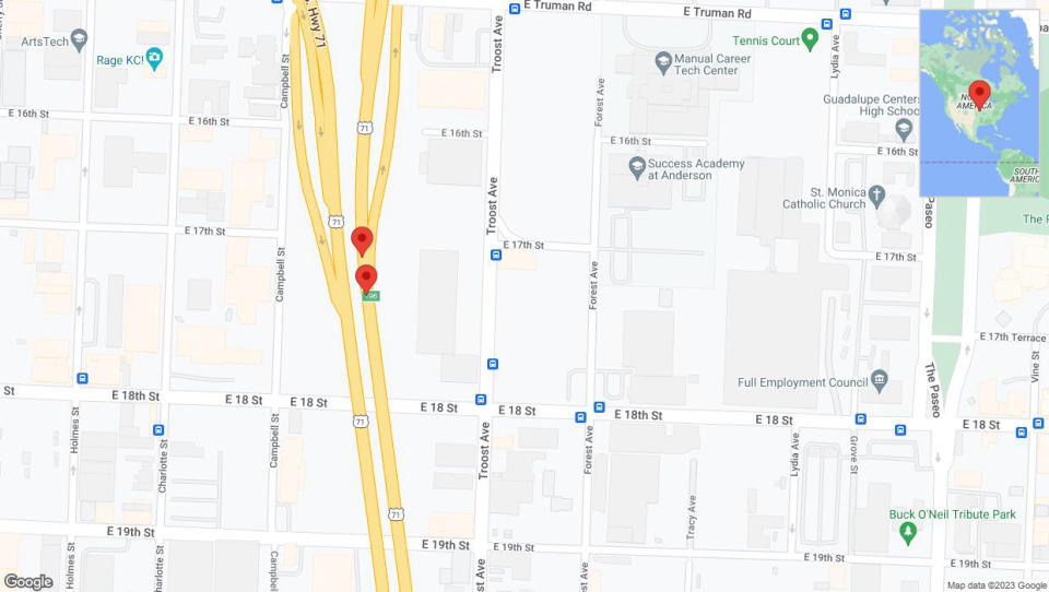 A detailed map that shows the affected road due to 'Broken down vehicle on northbound US-71 in Kansas City' on September 18th at 11:26 p.m.