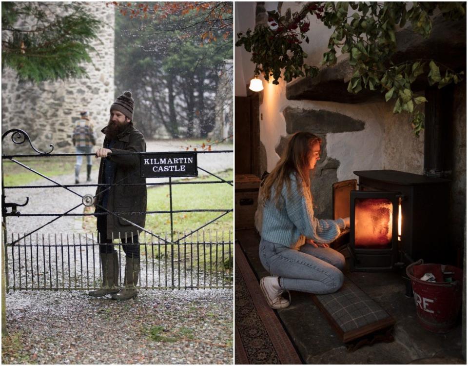 Simon Hunt (left) pictured closing the antique gates to Kilmartin Castle while Stef Burgon (right) lights a fire in the Grand Hall.