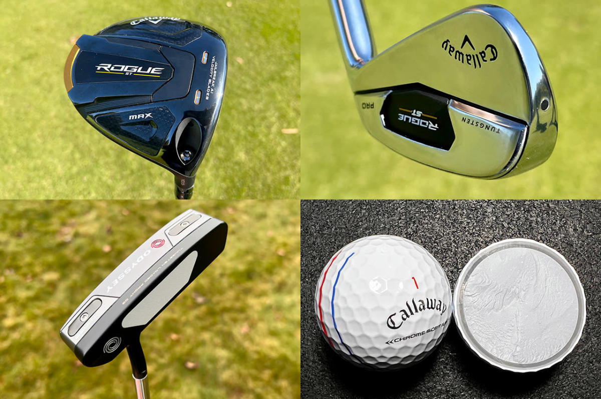 Rogue ST woods and irons, Chrome Soft balls, Tri Hot 5K and Eleven putters