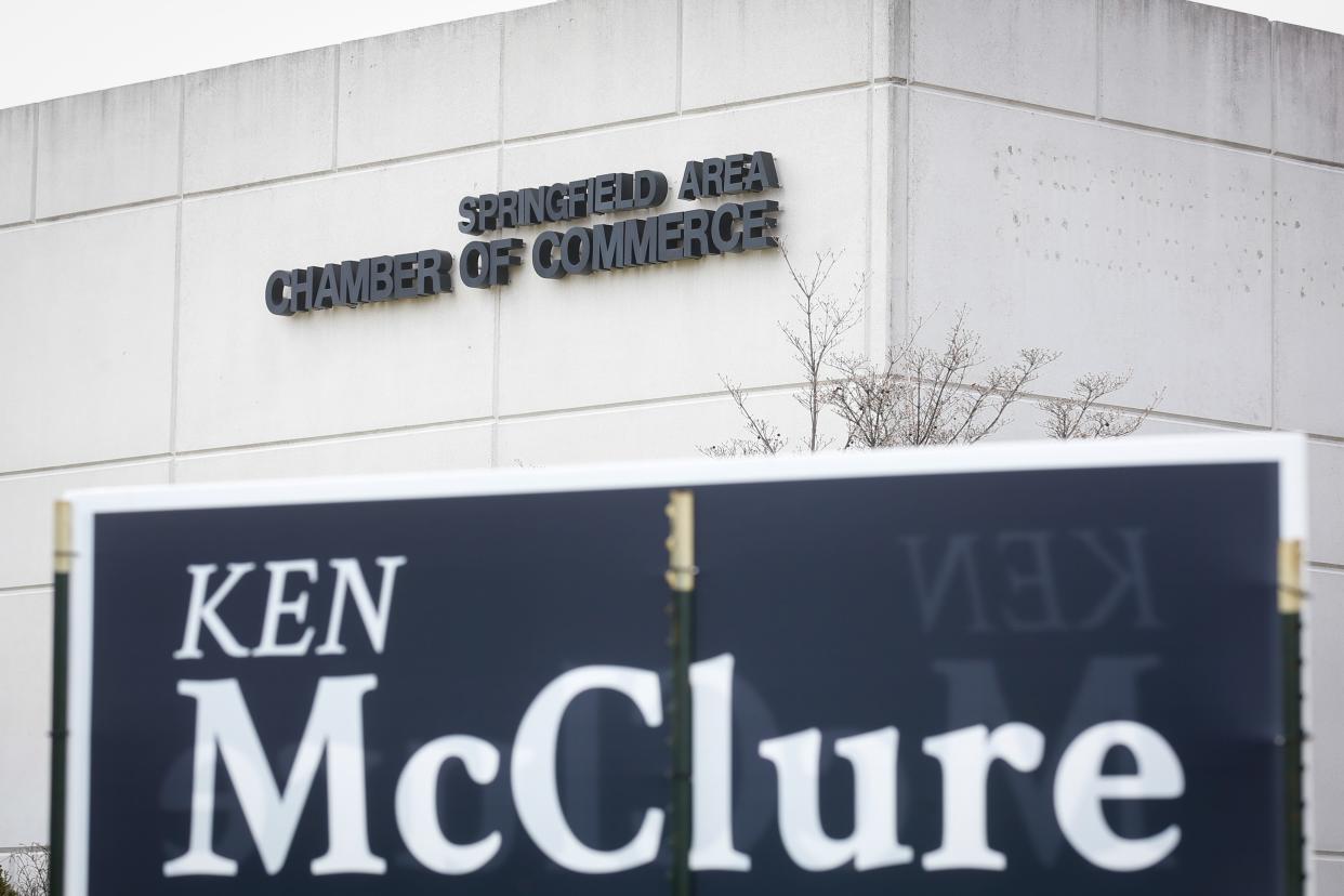 A campaign yard sign of incumbent Mayor Ken McClure sits in the lawn of the Springfield Area Chamber of Commerce.