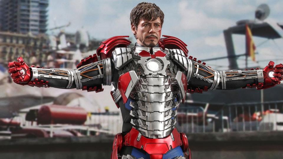 Hot Toys hyper realistic Tony Stark wearing part of his Mark V armor from Iron Man 2