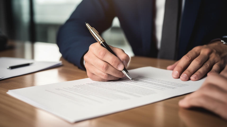 A close-up of a borrower signing off a loan with a smile on their face.