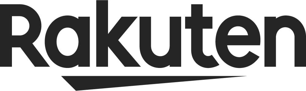 A black logo for the company Rakuten, which gives users cash back on purchases made through its app.