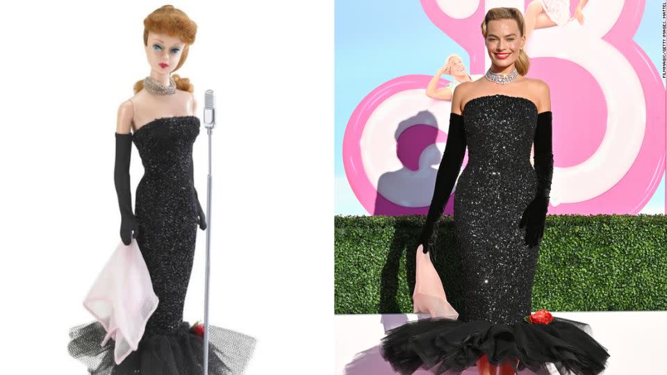 Robbie wore Schiaparelli couture to update the "Solo in the Spotlight" Barbie from 1960 at the film's premiere in Los Angeles on July 9. - Axelle/Bauer-Griffin/FilmMagic/Getty Images/Mattel