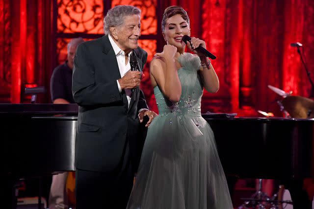 <p>Kevin Mazur/Getty </p> Tony Bennett and Lady Gaga