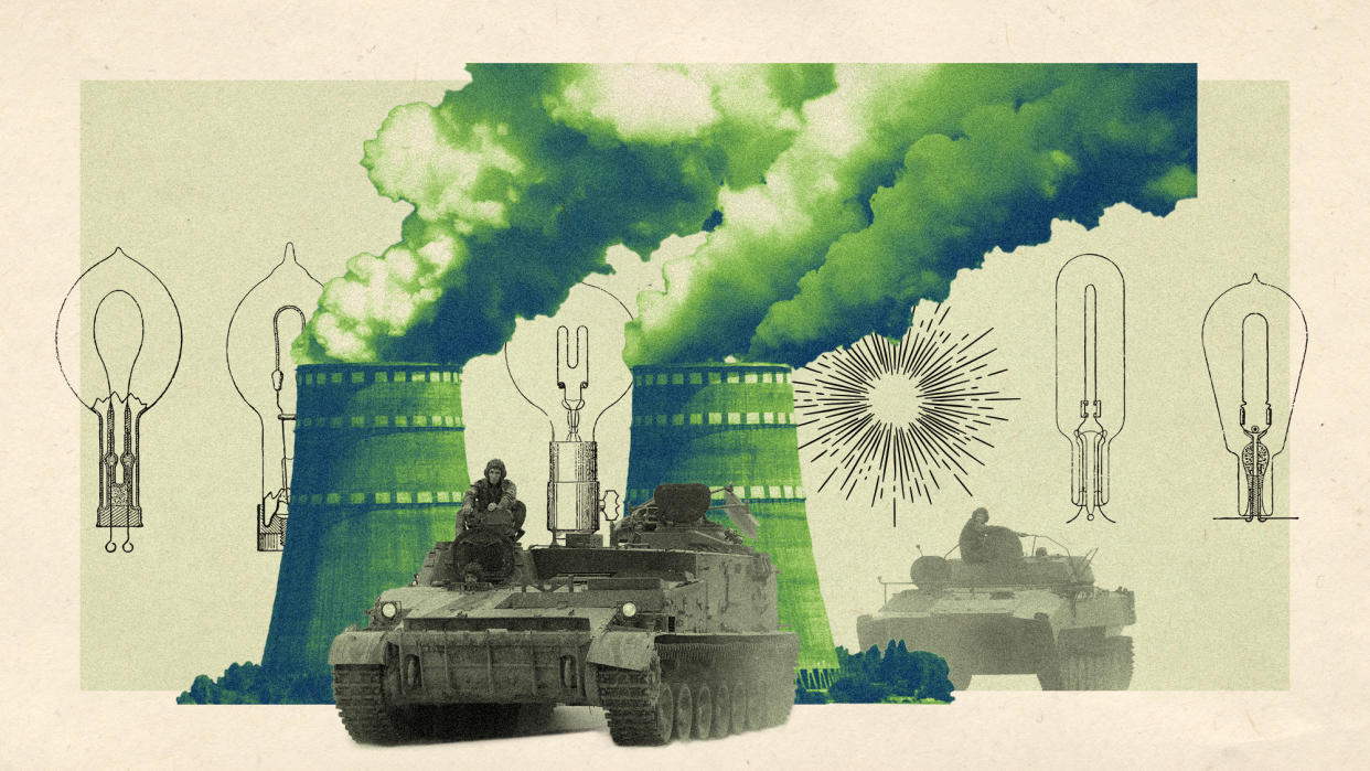  Photo collage of Russian tanks driving in front of the cooling towers of Zaporizhzhya nuclear power plant. In the background, there's line drawings of vintage light bulbs; one of them is exploding. 